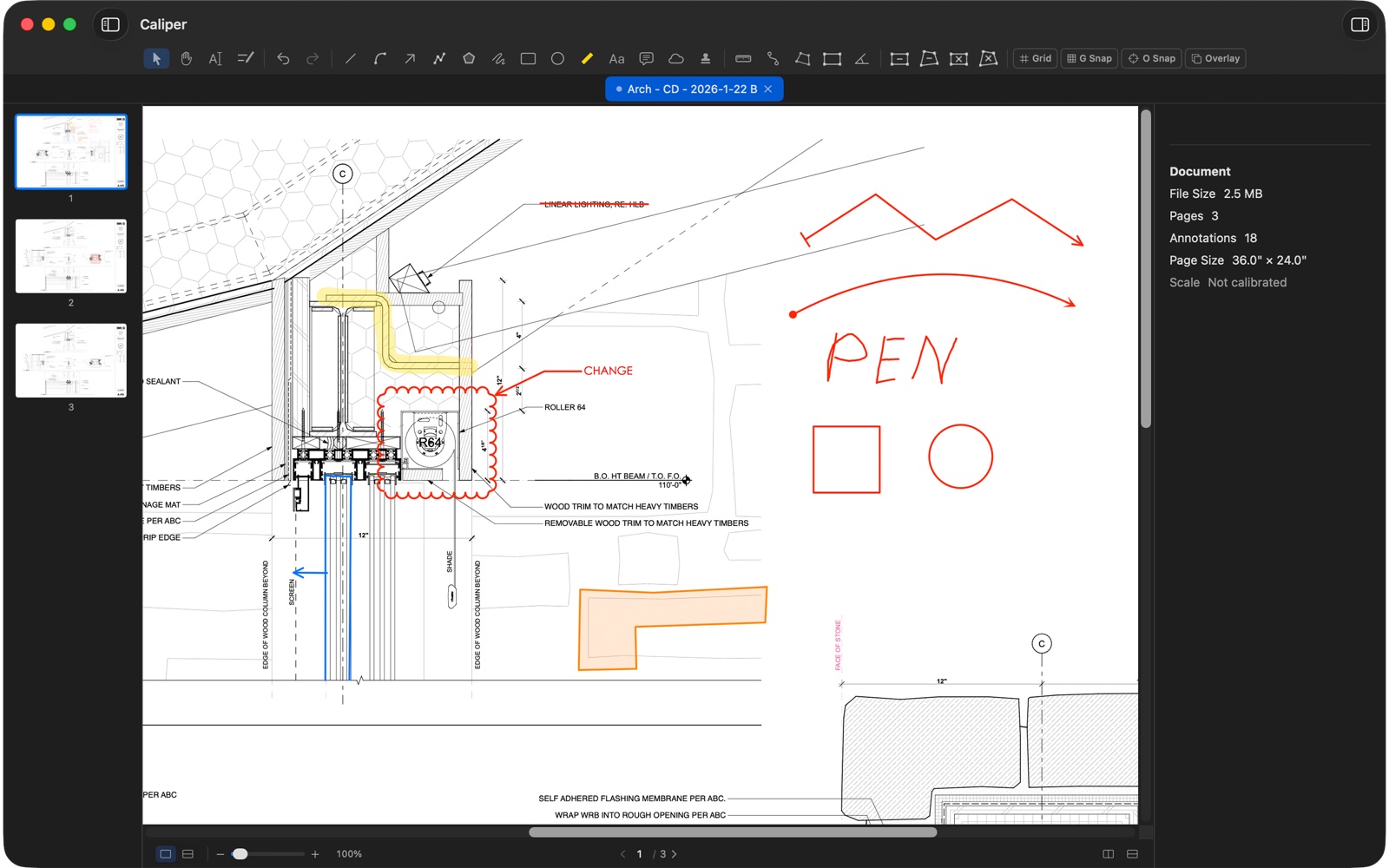 Annotation tools on a construction detail
